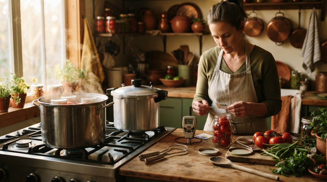 Editorial illustration for Acidity Decides: How to Choose Between Water Bath and Pressure Canning