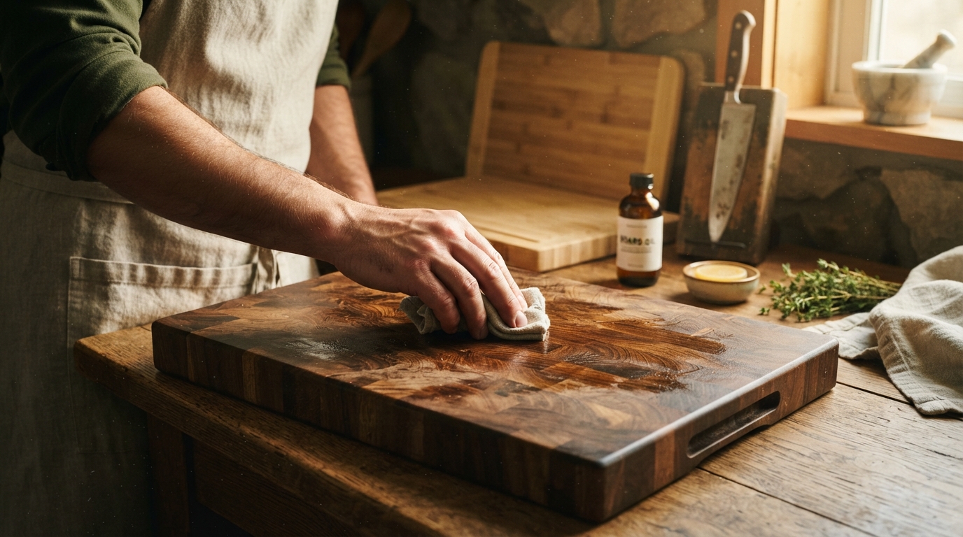 Editorial illustration for Choosing and Caring for a Wooden Cutting Board: Hardwood vs. Bamboo, and the Care Routine That Keeps Either One Alive