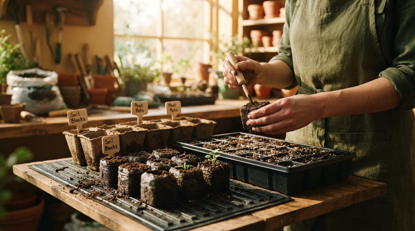 Editorial illustration for Choosing Your Indoor Seed Starting Method: Soil Blocks, Plastic Trays, or Peat Pots?