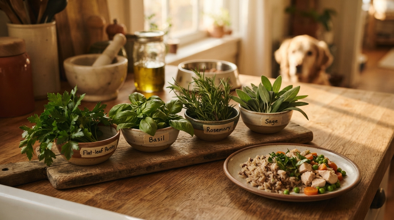Editorial illustration for Four Garden Herbs You Can Safely Add to Your Dog's Homemade Food