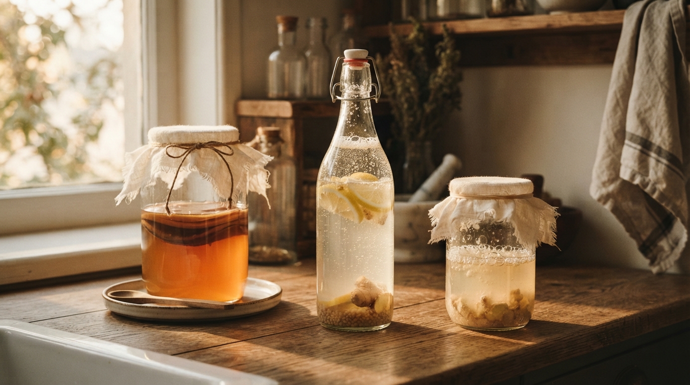 Editorial illustration for Kombucha, Water Kefir, or Ginger Bug: Which Fermented Drink Should You Brew First?