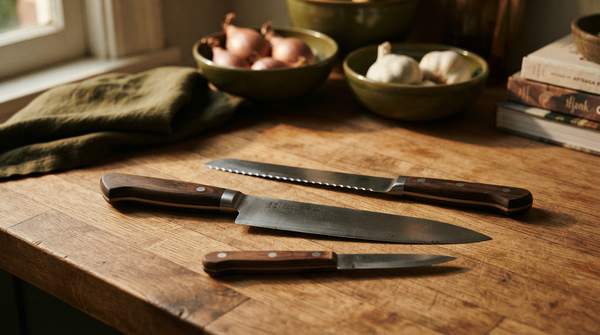 Editorial illustration for Three Knives, Every Task: A Home Cook's Guide to Chef's, Paring, and Serrated Blades