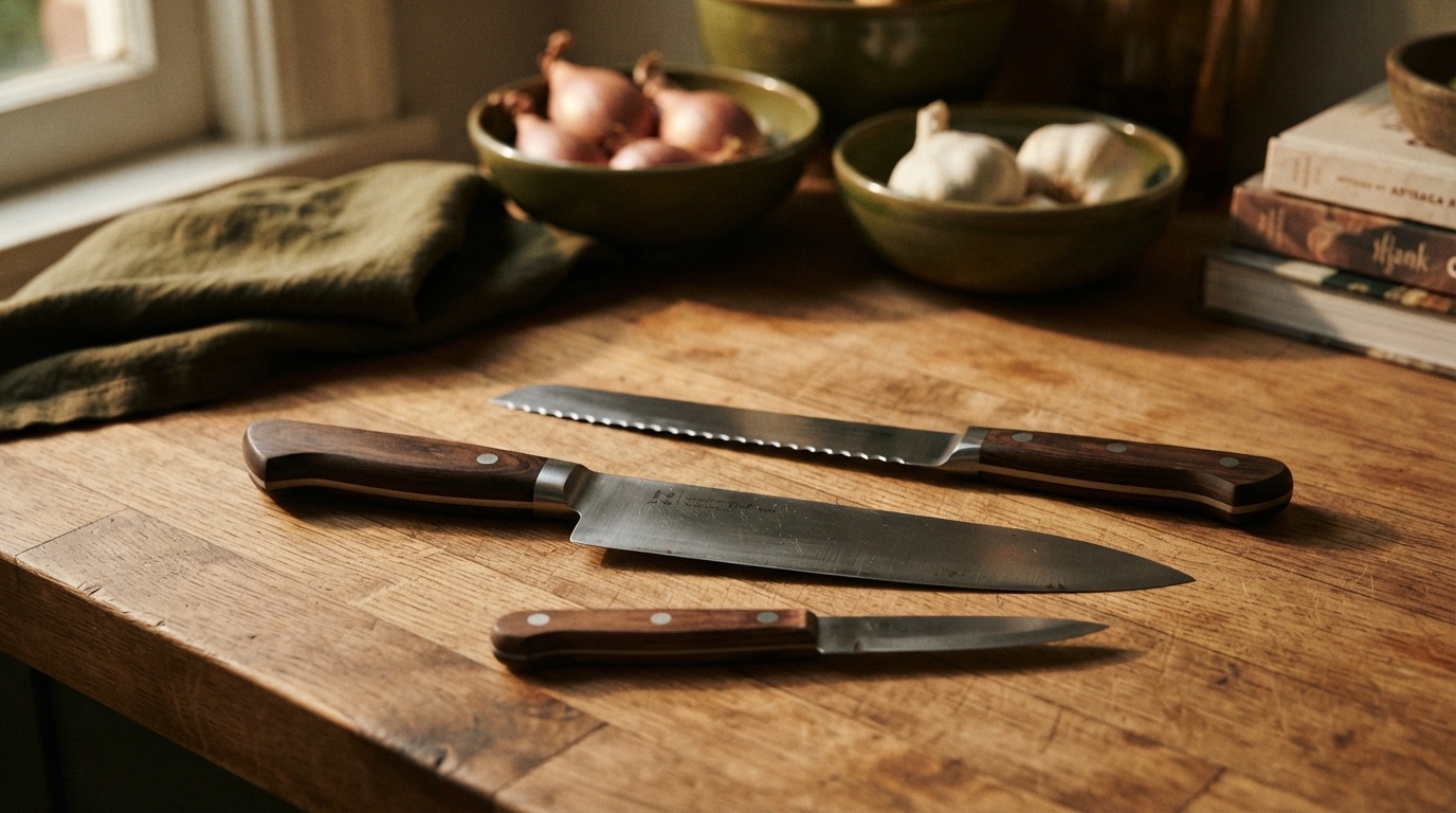 Editorial illustration for Three Knives, Every Task: A Home Cook's Guide to Chef's, Paring, and Serrated Blades