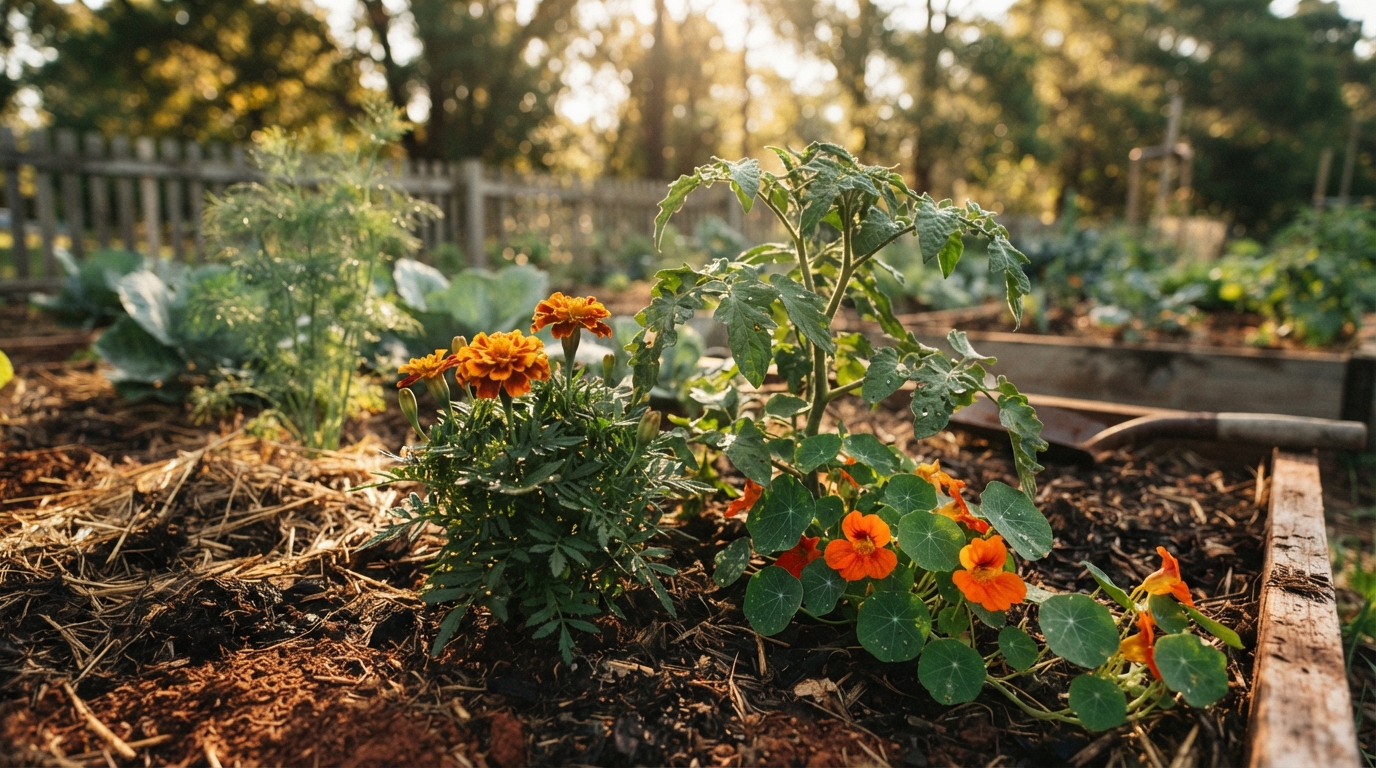 Editorial illustration for Why Companion Planting Works: Three Pest-Control Mechanisms and the Pairings That Use Them