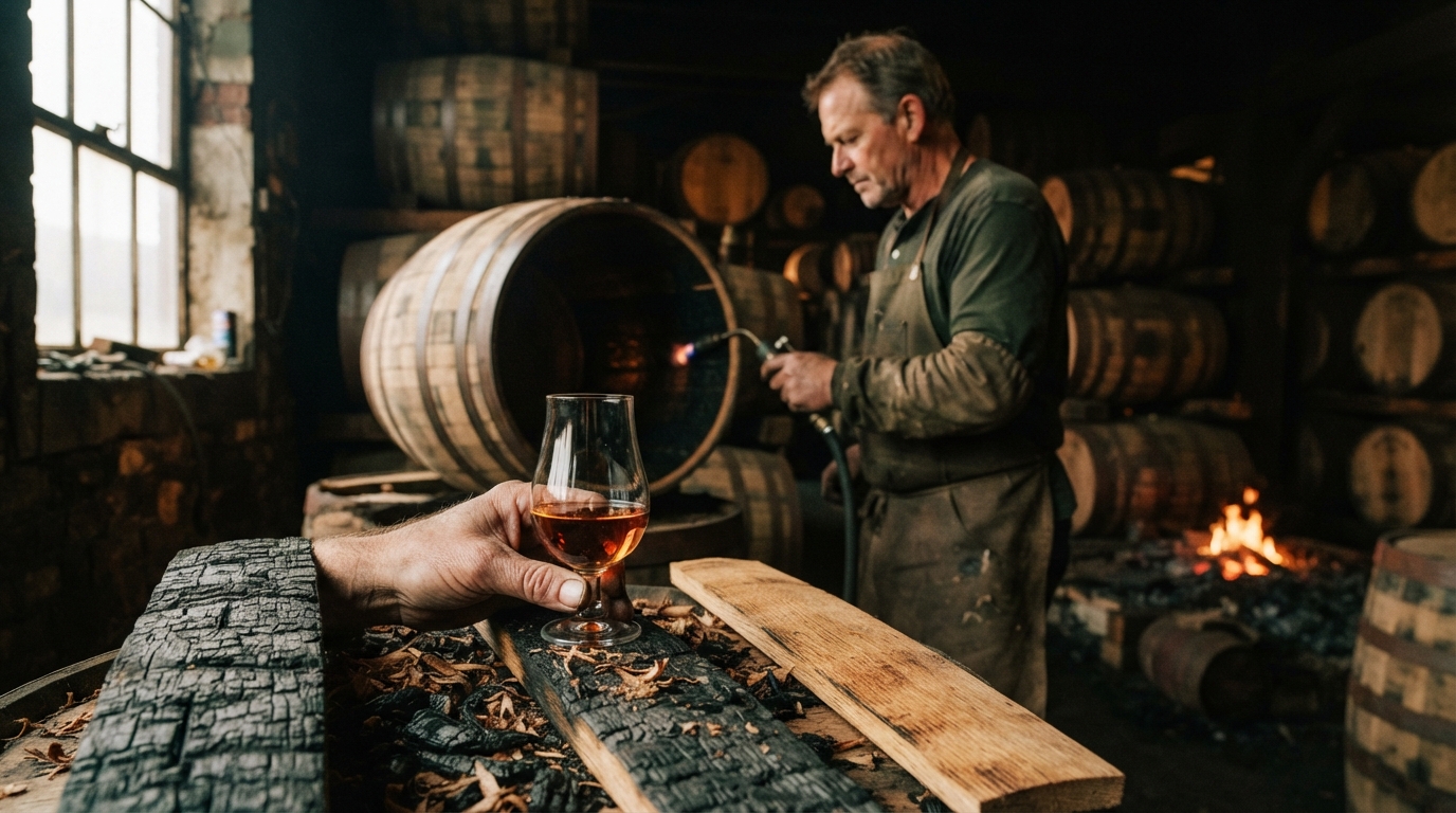 Editorial illustration for Wood and Fire: How Barrel Type and Char Level Build the Flavors in Your Glass
